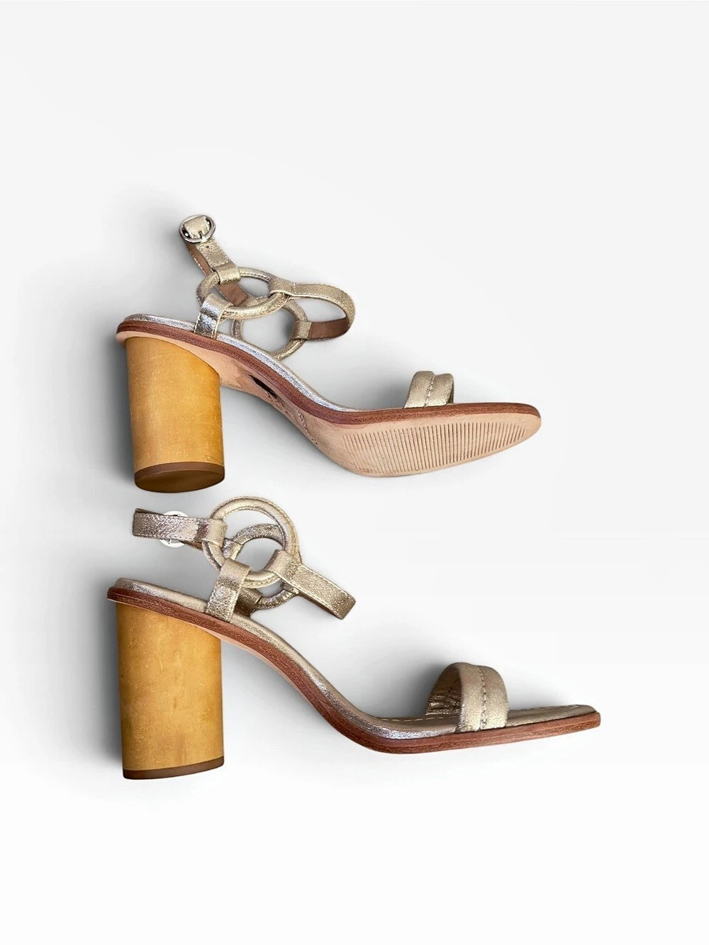 Bernardo Anthropologie Harlow Heeled Sandal Wood Block Gold Leather 9.5 Formal - Picture 11 of 11